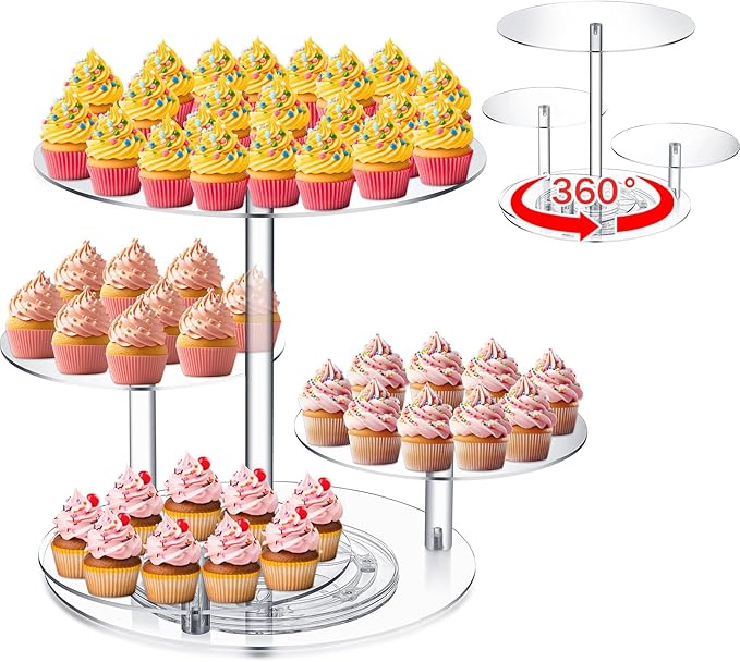 Tiered Cupcake Display Stand Rotatable Cake and Cupcake Tower Stand Combo Clear Acrylic Cake Holder with Tiered Tray for Dessert Pastry Birthday Wedding Party Table(4 Tire and Round)