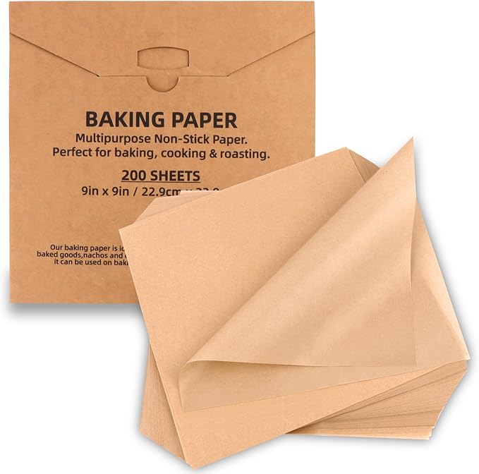 200 Pcs Parchment Paper Baking Sheets, 9"x9" Precut Non-Stick Baking Parchment Paper Sheets Bun Sheet Pan Liners.Baking Grilling Air Fryer Steaming Bread Cup Cake Cookie (Brown-9"x9")