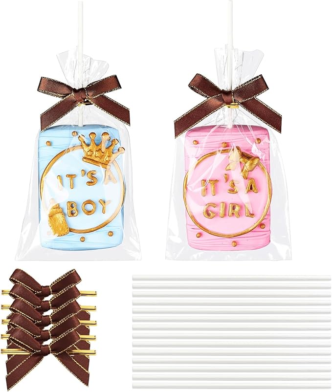 RomanticBaking 50 Sets Clear Rice Krispie Treat Bags with Brown Ribbon Bow and Stick & Flat Cellophane Clear Bags for Rice Krispie Treats Gift Giving Bag(Gold)