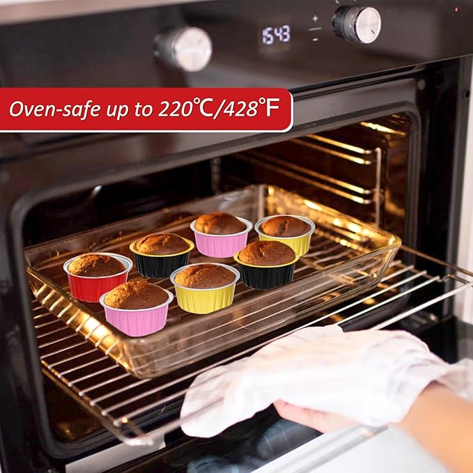 Mini Cake Pans with Lids and Spoons (100 Pack,Mixed color,5oz) Round Disposable Ramekins - Sturdy Aluminum Foil Cupcake Liners with Lids for Dessert and Party