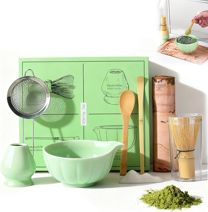 Matcha Whisk Set, 8 Piece Japanese Matcha Making Kit with Ceremony Set with Sifter, Bowl, Holder, Whisk, Scoop for Traditional Tea Ceremony, Ideal Gift for Home & Kitchen