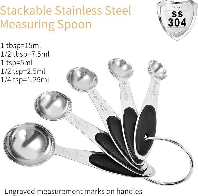 Stainless Steel Measuring Spoons & Cups Set, Includes 10 Sizes, from 1/4 tsp to 1 cup, Food Grade Stackable Tablespoons and Teaspoons Measuring Set for Cooking & Baking (Black)