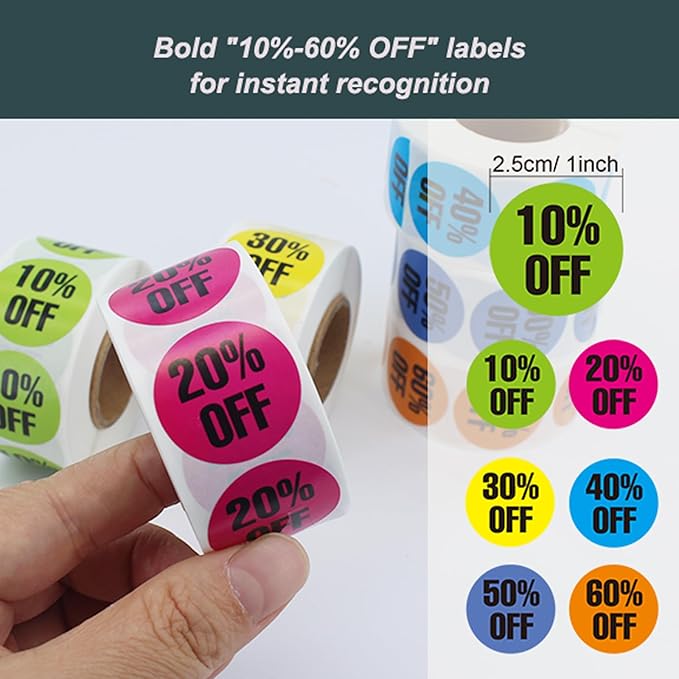 6 Rolls/3000 PCS Discount Stickers, Percent Discount from 10% to 60% Adhesive Percent Off Labels，﻿% Off Tags，1 Inch Round ractical Promotion Labels Sales Tags for Retail Store Supermarkets Shops