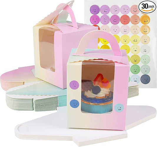 30 Pcs Individual Cupcake Boxes Gradient Single Cupcake Boxes 1 Hole Cake Box with Clear Window Inserts and 2 Sheets of Stickers for Wedding Birthday Party Favors