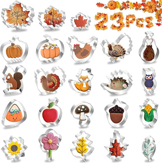 Lezmarket 23Pcs Fall Thanksgiving Cookie Cutters Set, Holiday Cookie Cutters Stainless Steel Baking Supplies for Thanksgiving Cookie Sandwich - Pumpkin Maple Leaf Flower Squirrel Turkey Corn Rooster
