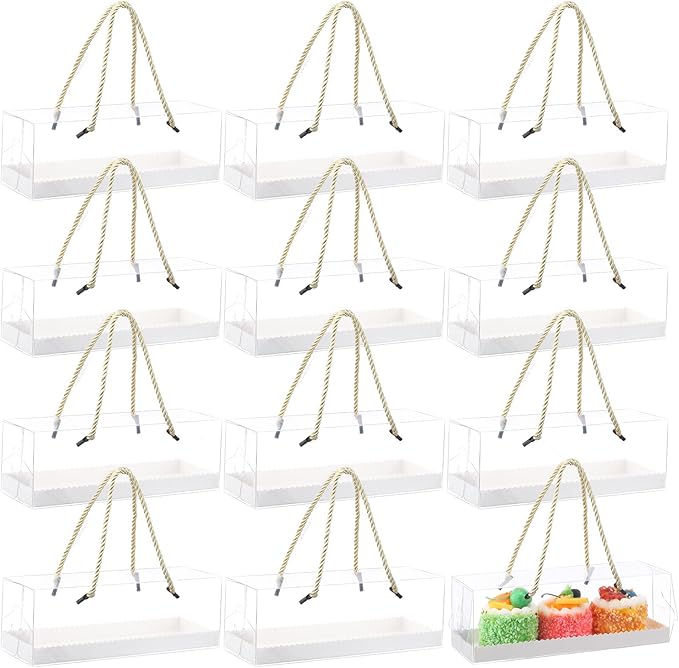 Eaasty 30 Pcs 9 x 3 x 3 Inch Clear Cupcake Boxes with Handles Portable Gable Boxes Paperboard Plastic Rectangular Cupcake Containers Dessert Cookies Bakery Gift Containers for Christmas Party