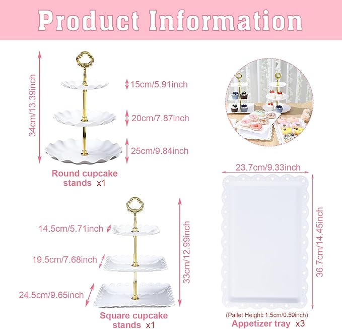Dessert Table Display,5Pcs Cake Stand Set,2Pcs 3 Tiered Cupcake Stands and 3Pcs Dessert Trays Serving Trays for Party Baby Shower Wedding Tea Party