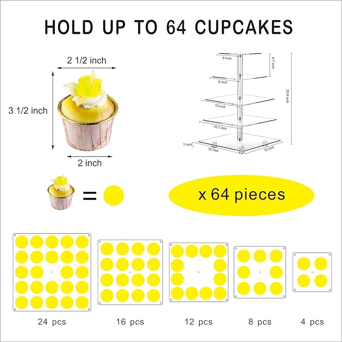 Cupcake Stand, Elegant Cupcake Holder with Brighter Yellow LED String Light, Clear 5-Tier Square Acrylic Cupcake Tower for Wedding, Birthday, Baby Shower, Party (Yellow light)