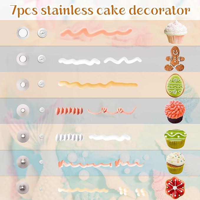 7 Pcs Round Hole Piping Tips Set Stainless Steel Cupcake Frosting Nozzles Cake Decorating Tool Russian Pastry Icing Dispensers Supplies for Baking Cookies Puff Doughnut Cream Bag Filler