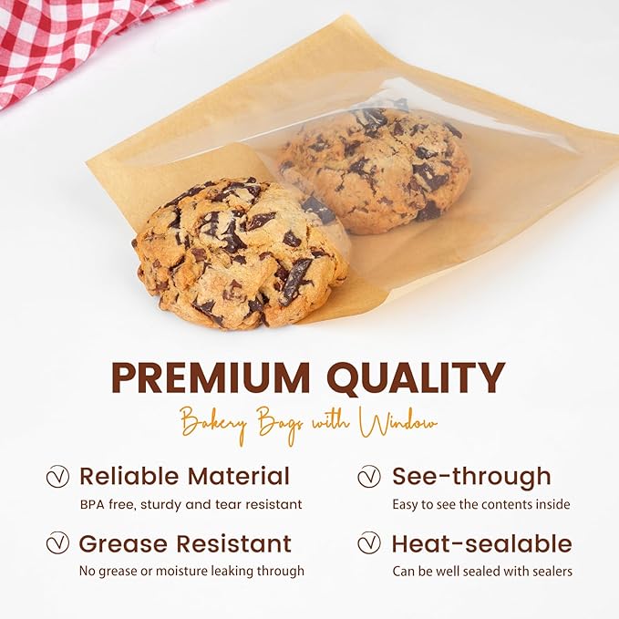 200 Pack Heat Sealable Bakery Bags with Window, 7.1x7.5 Inch Cookie Packaging Bags with Seal Bake Sale Paper Sleeves for Bagel, Cake Slice, Sandwich, Donut, Pastry