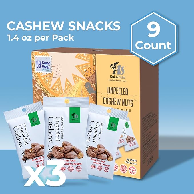DELUXNUTS Salted Cashews with Skin (9 Packs), Whole Cashew Nuts, Individual Packs, Healthy Snack for Kids & Adults, Good Source of Protein, Gluten-Free