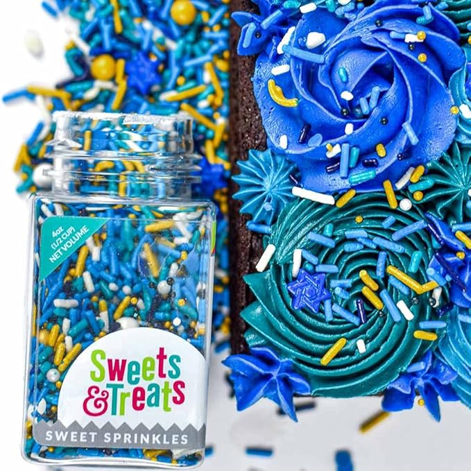 Hanukkah Sprinkles for Cake Decorating - Hannukah Sprinkles for Cupcake Decorating and Baking in Blue and Gold Jimmies, Confetti Quin, Sugar Pearl with Stars of David Sprinkles for Ice Cream, Donuts