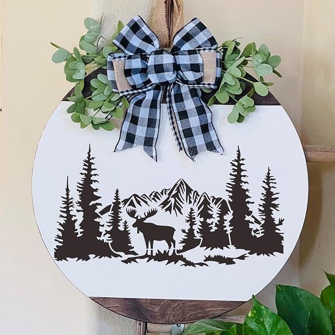 Pine Tree & Mountain Animal Stencils for Wood Burning, Painting & Decorating, 16pcs Reusable & Washable PET Plastic, 12x8 & 12x6 Inch