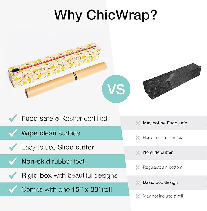 ChicWrap Pears Parchment Paper Dispenser - Includes 15"x 33' (42 Sq. Ft) Roll Unbleached Baking, Cooking & Culinary Paper - Reusable Dispenser w/Slide Cutter - Kosher Certified