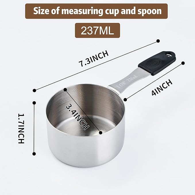 Magnetic Measuring Cups, 1 Cup Stainless Steel Measuring Cup, Dog Food Scoop for Wet & Dry Ingredients， Long Handle, Dishwasher Safe