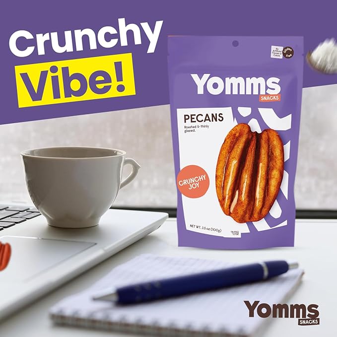 Yomms Crunchy Joy Pecans Halves – Low Sugar Healthy Dessert Snack | Sweet Coconut & Crunchy Pecan Snack | Lightly Sweetened, Honey Roasted Mixed Nuts | Great for Snacking, Salads - 1.3oz - Pack of 6