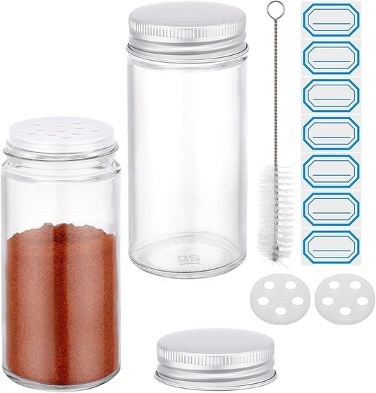 Segarty 3oz Spice Jars with Silver Aluminum Lid, 2 Pack 90ml Round Spices Bottle for Seasonings Cereal Storage, Empty Glass Seasoning Container Set, Salt and Pepper Organizers with 7 Stickers 1 Brush