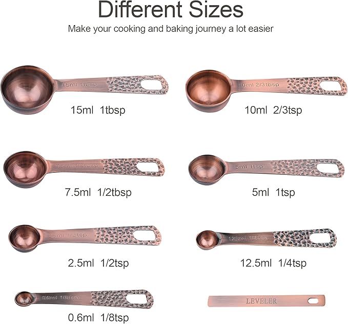 Copper Measuring Cups and Spoons Set 14, Stainless Steel Measure Cups and Spoons Set for Baking & Kitchen, 6 Metal Metric Measuring Cups and 7 Measuring Spoons 1 Leveler for Dry & Liquid