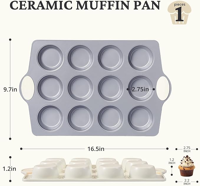 BRONYPRO 12-Cup Non Toxic Nonstick Ceramic Muffin Pan & Cupcake Tin, PFOA & PFOA Free, Heavy Duty Rust-Resistant Aluminized Steel, Oven & Dishwasher Safe, Cream White