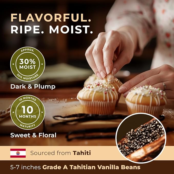 Gya Labs 10 Tahitian Vanilla Beans - Grade A 5-7 Inches Long, Caviar Rich & Flavorful Pods for Making Extract, Baking, Cooking, Paste & Coffee