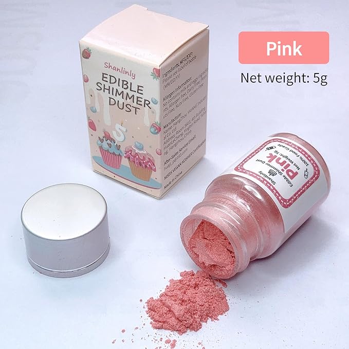 Shanlinly Pink Edible Luster Dust - 5 Grams Food Grade Cake Dust Shimmer Powdered, Edible Metallic Powder Food Coloring for Cake Decorating, Chocolates, Fondant, Drinks, Painting & More, Vegan