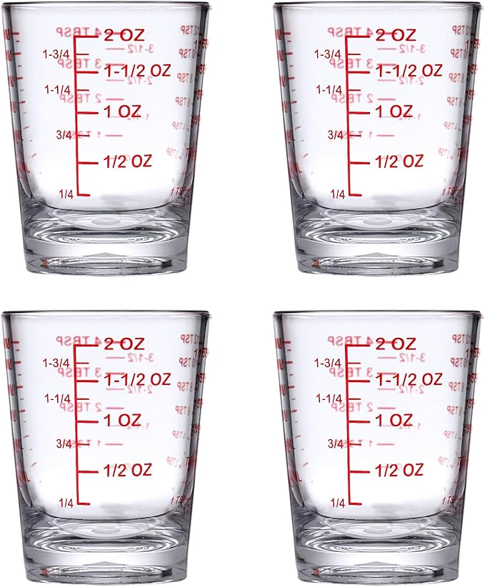 Amazing Abby - Melinda - 4-Pack Plastic Measuring Cups, 2-Ounce Unbreakable Shot Glasses, Food-Grade Measuring Jugs, Stackable and Dishwasher-Safe, Great for Espresso, Liquor, and More
