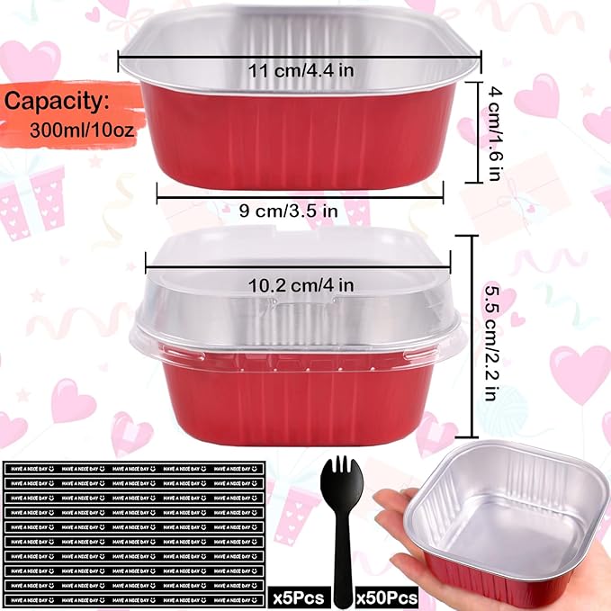 10oz Mini Cake Pans With Lids 50 Pack Aluminum Foil Square Brownie Baking Cups,4”x4” Disposable Loaf Pans With Lids and Spoons Stickers,Large Cupcake Pans Muffin Cake Tins Cake Container(Red)