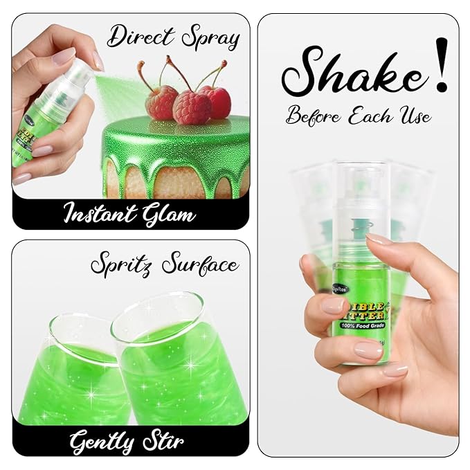 Green Edible Glitter Spray 5g, Shimmer Edible Glitter for Cocktails, Food Grade Luster Dust for Beverages & Cake Decorating, Drinks, Baking, Chocolate