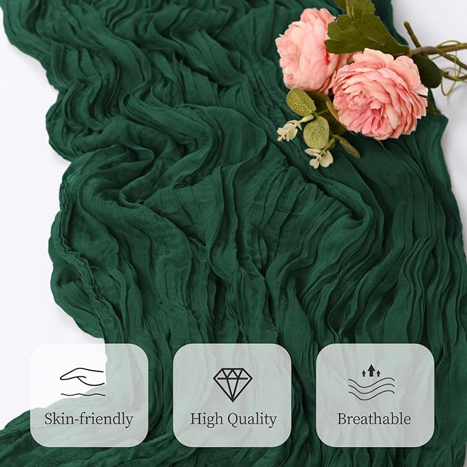 12 Pack Emerald Green Cheesecloth Table Runner 17x108 Inch Semi Sheer Boho Gauze Cheese Cloth Fabric Table Runners, for Wedding Party Baby Shower Birthday Home Decor Garden Farmhouse