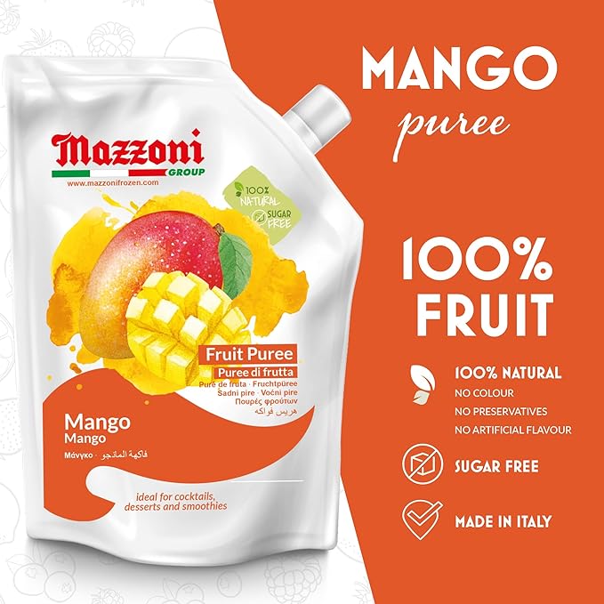 Mazzoni Mango Puree, Juice, 100% Pure Mango Lassi, Just Fruit, Nectar, No Sugar Added, 2.2 lbs (35.2 oz) Real Fruit Mixer for Cocktails, Drinks, Smoothies Convenient Pouch, Made in Italy (Pack of 2)