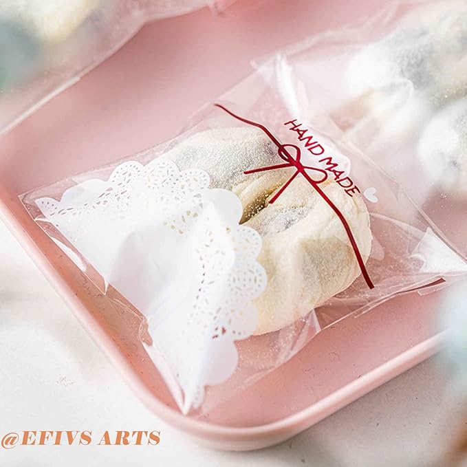 200pcs 5.5x5.5in Lovely Lace Bowknot Clear Biscuit Roasting Treat Present DIY Plastic Candy Individual Wrappers Self Adhesive OPP Cookie Bakery Decorating Favor Bags