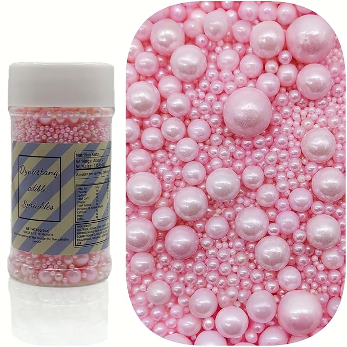 Dynastang Mixed Size Pink Pearls Sprinkles Edible Pearls Cake Decorating Pearls Cake Decorations Cupcake Toppers Cookie Decorating Perfect for Cakes, Cupcakes, Desserts Toppings 3OZ