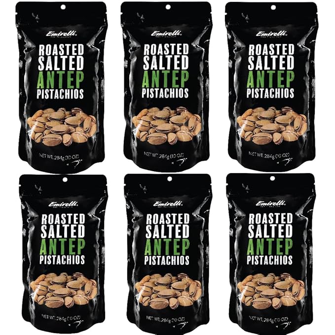 Emirelli Turkish Antep Pistachios in Shell, Roasted and Salted Intense Nuts, Non GMO Gluten Free Natural Vegan Healthy Snacks, Remains Fresh with Resealable Bag (Pack of 6)
