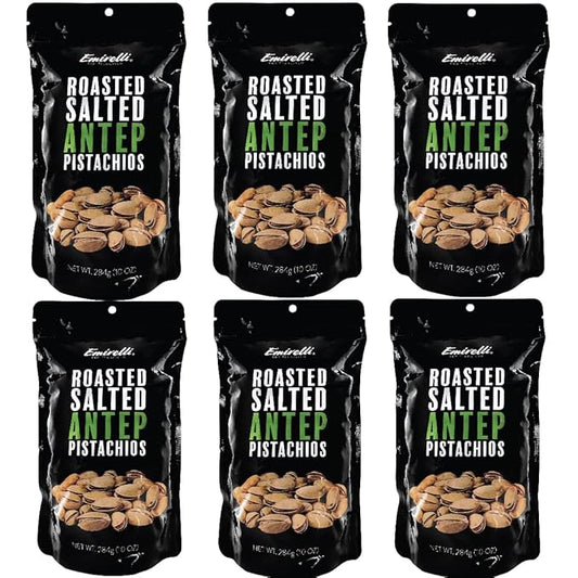 Emirelli Turkish Antep Pistachios in Shell, Roasted and Salted Intense Nuts, Non GMO Gluten Free Natural Vegan Healthy Snacks, Remains Fresh with Resealable Bag (Pack of 6)