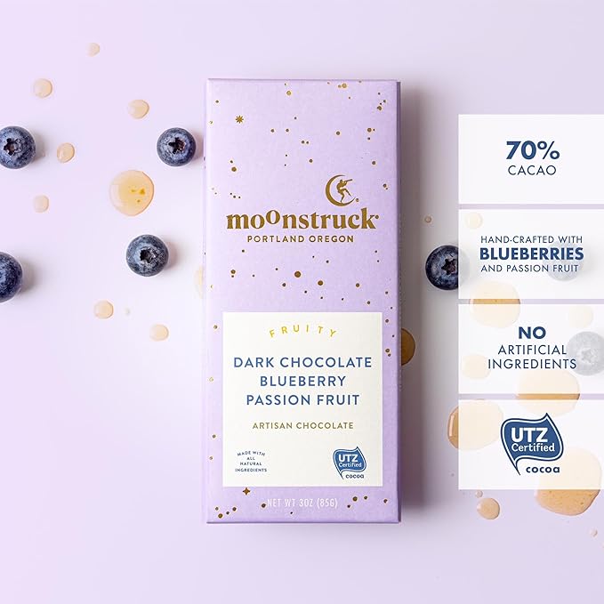 Moonstruck Chocolate Blueberry and Passion Fruit Dark Chocolate Bar, 68% Cacao, 3.0oz (Pack of 12)
