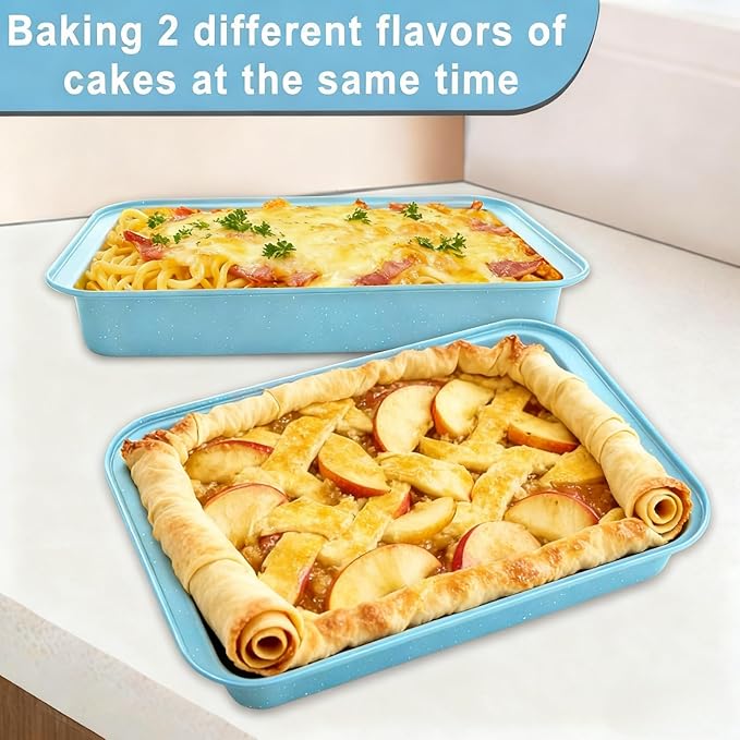 9x13 Baking Pan Set of 2, Nonstick 13 x 9 Cake Pan for Oven, Deep Rectangle Pan for Brownies, Lasagna, Roasting, Blue Carbon Steel Bakeware Gift