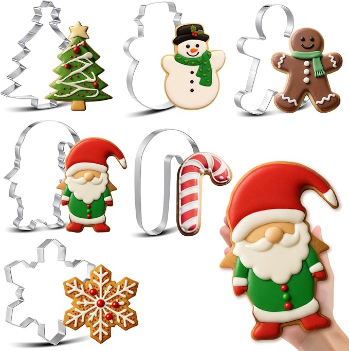 6 Pcs Large Christmas Cookie Cutters 8" Stainless Steel Metal Cookie Baking Cutter for Holiday, Xmas Tree, Snowman, Gingerbread Men, Gnome, Candy Cane, Snowflake