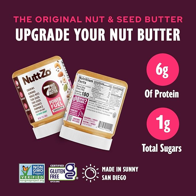 NuttZo Natural Power Fuel 7 Nuts and Seeds Butter, Smooth, Paleo and Keto Friendly, Peanut and Gluten Free, Kosher, No Added Sugar or Oil, 12 oz Jar, 6 Pack