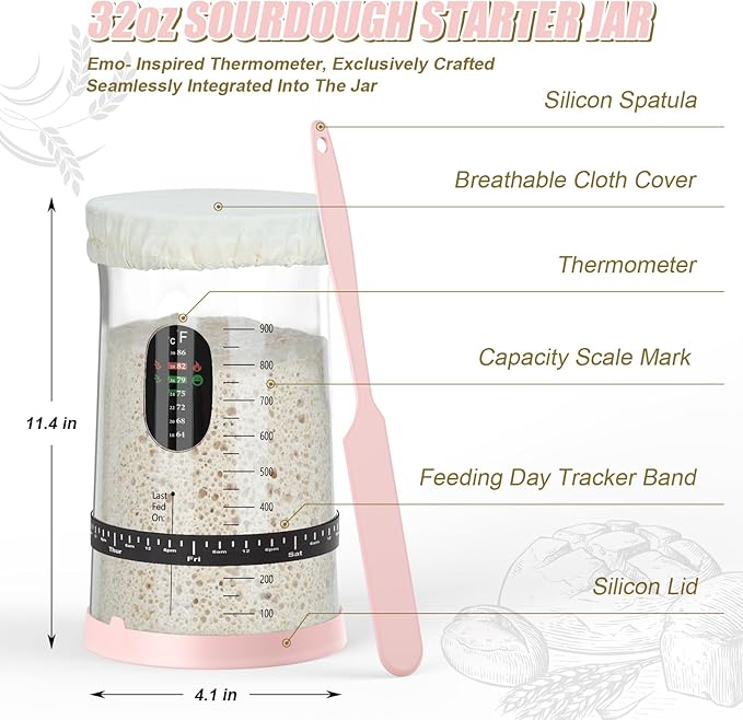 CINNIE&JHIN Pink Sourdough Starter Kit, Complete Baking Tools Set with Proofing Baskets, Pink Design Gifts for Women Bakers - Bread Making Supplies with Jar, Lame, Scraper, Bag & More