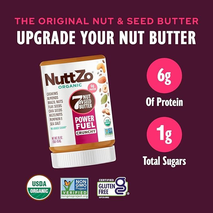 NuttZo Organic Power Fuel 7 Nuts and Seeds Butter, Crunchy, Paleo and Keto Friendly, Peanut and Gluten Free, Kosher, No Added Sugar or Oil, 16 oz Jar
