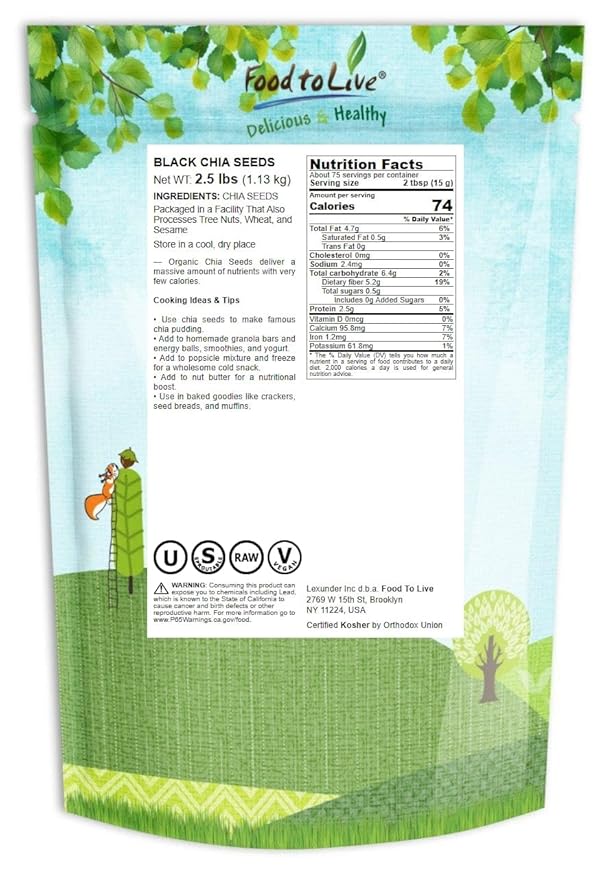 Food to Live - Black Chia Seeds, 2.5 Pounds Whole, Sproutable, Vegan, Kosher, Keto, Sirtfood, Bulk. Rich in Essential Fatty Acids, Fiber, Protein. Great for Chia Pudding, Smoothie, Oatmeal