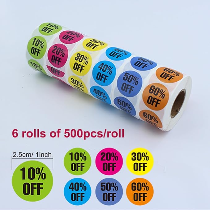 6 Rolls/3000 PCS Discount Stickers, Percent Discount from 10% to 60% Adhesive Percent Off Labels，﻿% Off Tags，1 Inch Round ractical Promotion Labels Sales Tags for Retail Store Supermarkets Shops