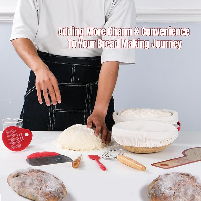Cotton Rope Bread Proofing Basket Set, Sourdough Starter Kit with Round & Oval Banneton Baskets with Liners & Covers, Dough Whisk, Bread Lame, Dough Scraper, Sling, Sourdough Bread Baking Supplies