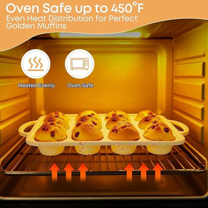 2-Pack 12-Cup Silicone Cupcake Pan, Nonstick Flexible Muffin Pan, Dishwasher Safe Muffin Tray with Handles, Seamless Silicone Muffin Tin for Baking Egg Bites & Cupcakes