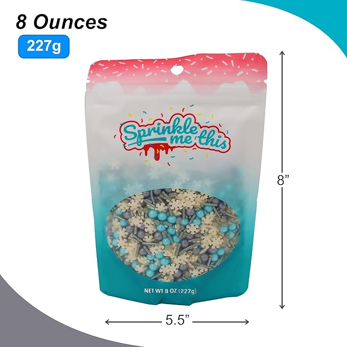 Wintertime Magic - 8 Oz Resealable Bag - Christmas Themed Sprinkles - Featuring White Snowflakes, Silver Jimmies, Silver Pearls and Baby Blue Pearls - Cake and Ice Cream Sprinkles