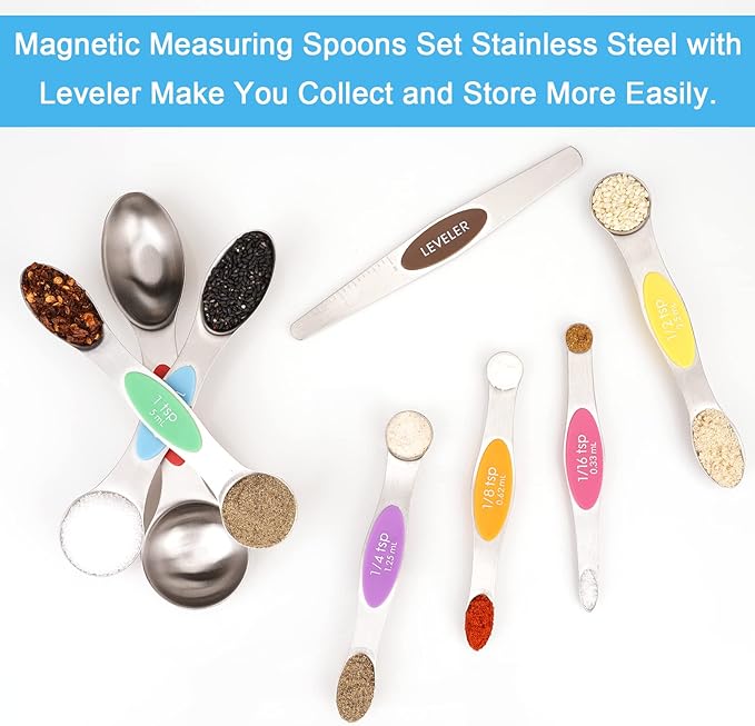 Aovchei 8 PCS Magnetic Measuring Spoons Set, Dual Sided, Stainless Steel Small Tablespoon, Teaspoons, Fits in Spice Jars, for Dry and Liquid, Multi-Color
