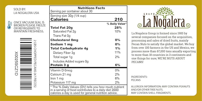 La Nogalera - 2 lbs Chopped shelled pecans. Raw pecan nuts, NO SHELL, Non-GMO, No Preservatives, Unpasteurized, Kosher and Halal Certified and Ketogenic friendly