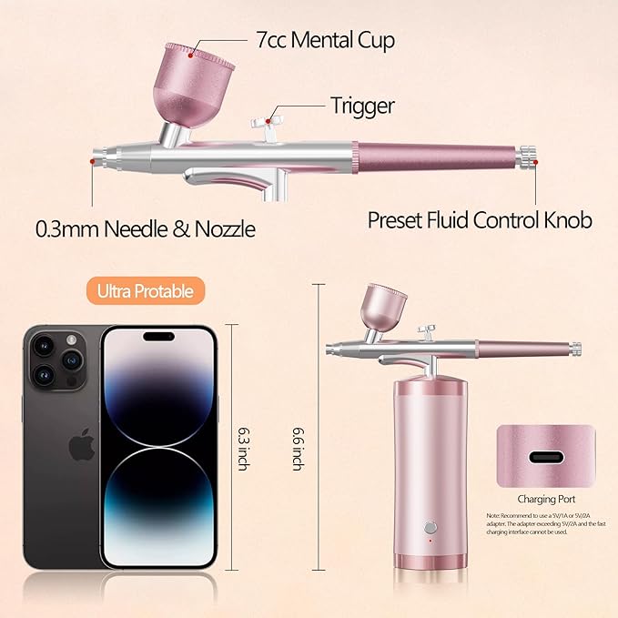 Airbrush Kit With Compressor 48PSI Rechargeable High Pressure Air Brush Set Cordless Airbrush Kit with 0.3mm Nozzle for Painting,Nail Art, Cake Decor,Makeup,Modeling (Pink)