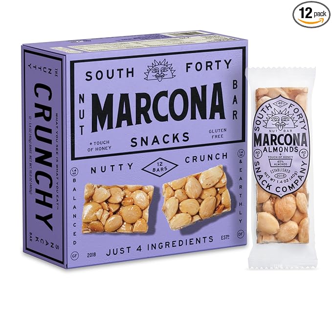 South 40 Snacks Crunchy Marcona Almond Bar, Just 4 Ingredients, Touch of Honey (40g Bar, Pack of 12)