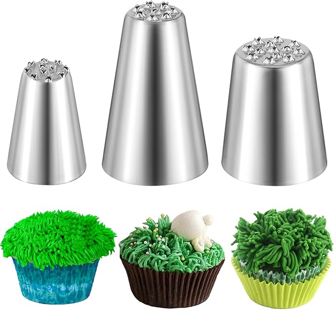 Prasacco 3 PCS Grass Piping Nozzle, Stainless Steel Grass Nozzles for Cake Decorating Icing Nozzles Set Cream Tips Cake Decorating Piping Nozzle for Cakes, Cupcakes Fondant